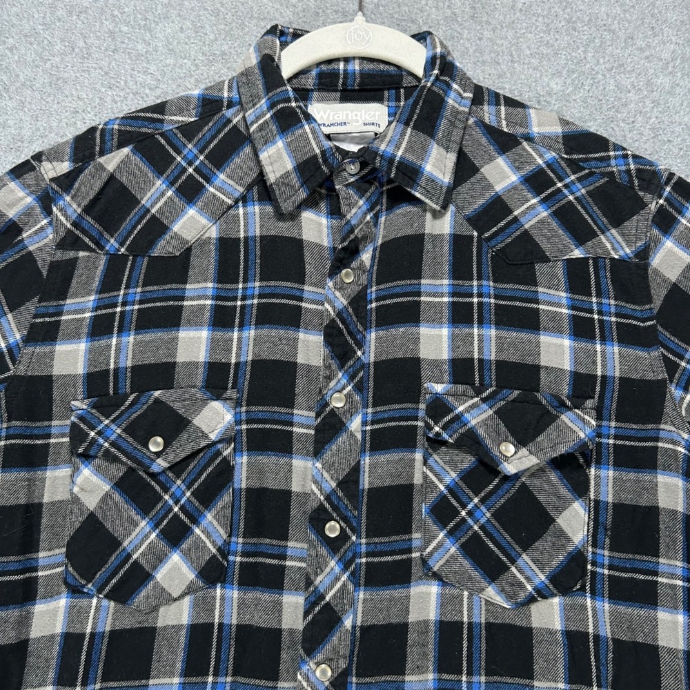Wrangler Western Shirt Wrancher Mens M Black Blue Plaid Cowboy Flannel